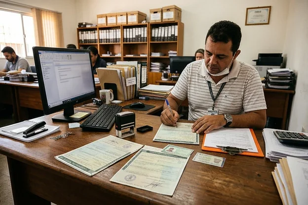 Documentos veiculares em uma mesa em atendimento no despachante.