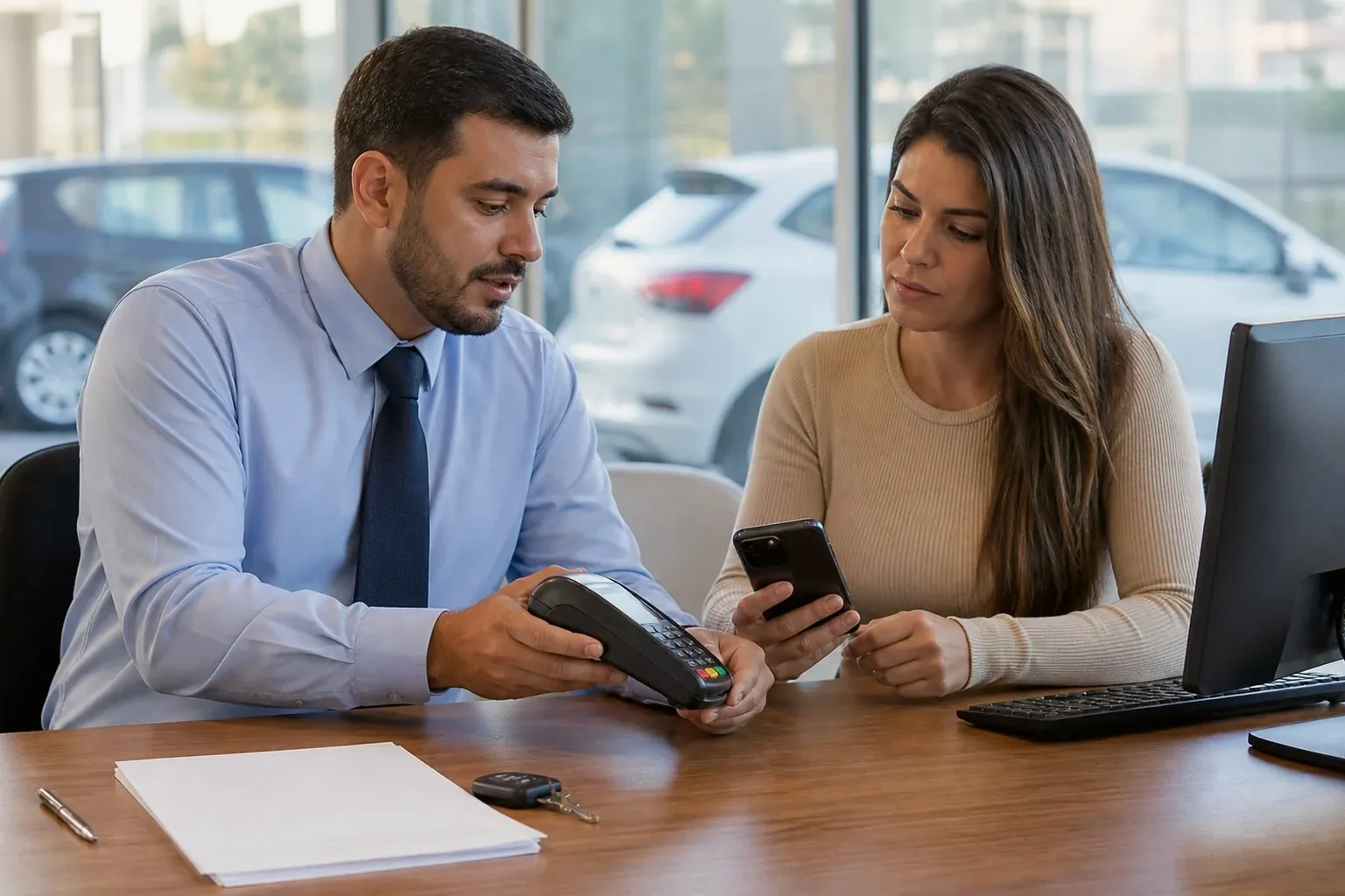 Profissional ajudando cliente a quitar débitos de veículo.