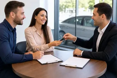 Profissional auxiliando um cliente na transferência de veículo.