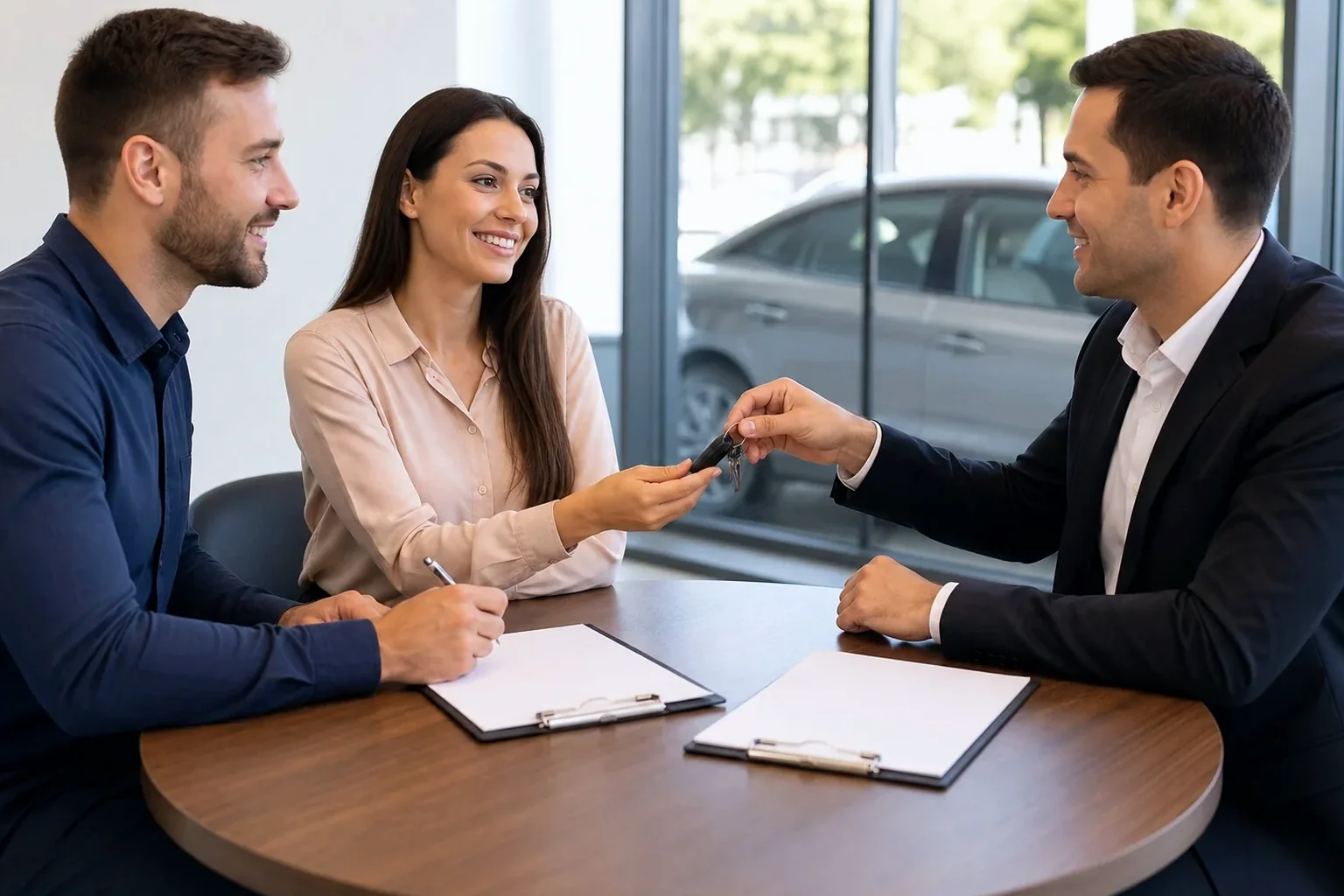 Profissional auxiliando um cliente na transferência de veículo.