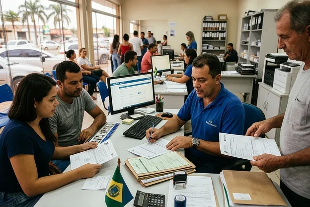 Profissional despachante atendendo cliente com diversos serviços.