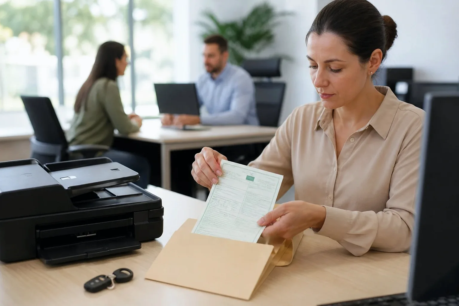 Profissional fornecendo a segunda via do CRV para o cliente.